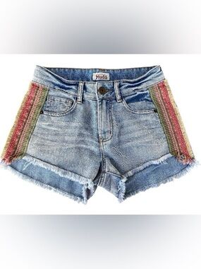 Mudd Denim Jean Shorts Size 3 Fringe Raw Hem Boho Aztec Tribal Side Trim Cutoffs